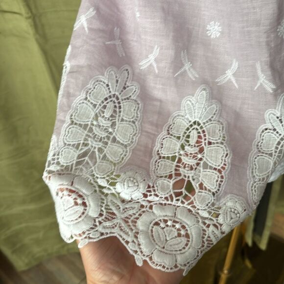 Miguelina 100 % linen crochet lace detailed lavender romper, M - Picture 9 of 16